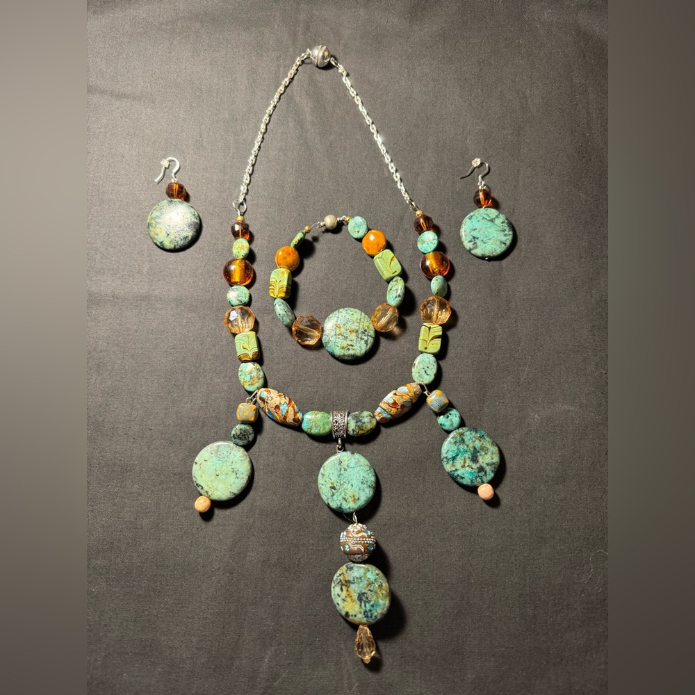 PRICE FIRM • Handmade necklace earrings bracelet turquoise brown glass